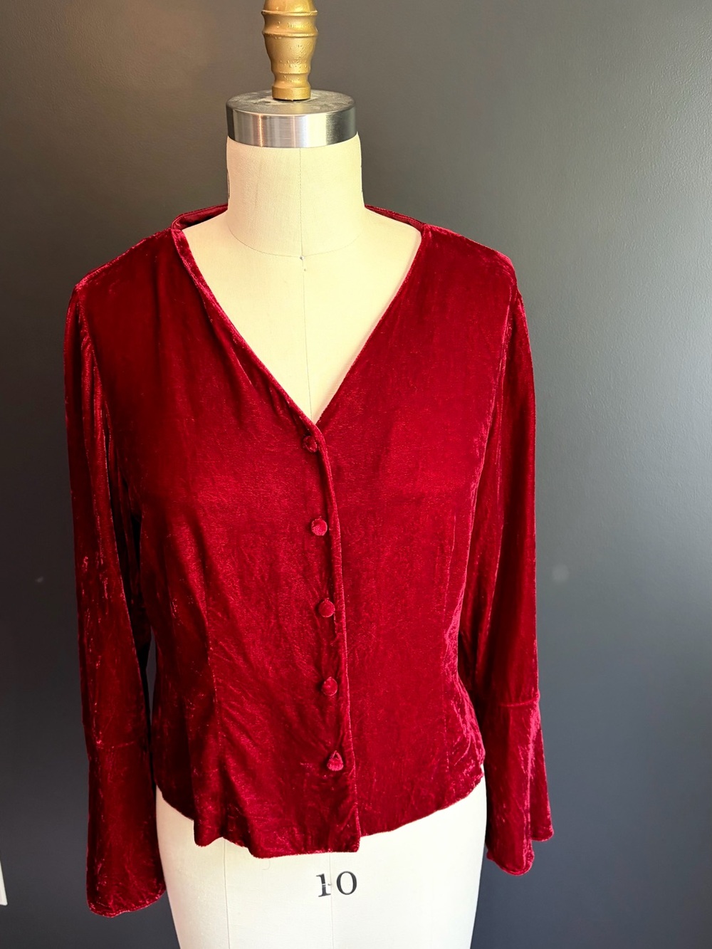Talbots Silk Blend Velvet Bell Sleeve Button Up Blouse- Size 12